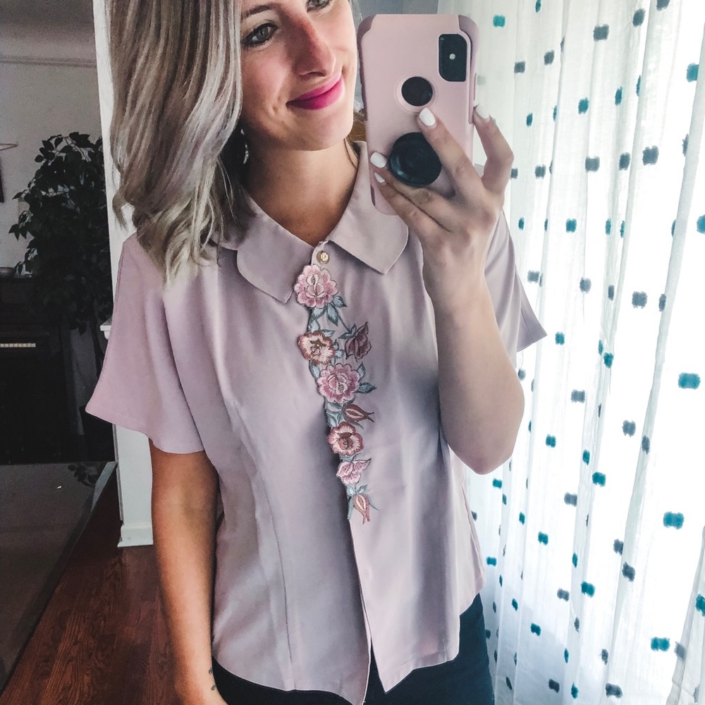 Pink Floral Short Sleeve Shoulder Pad Blouse M - Picture 2 of 6